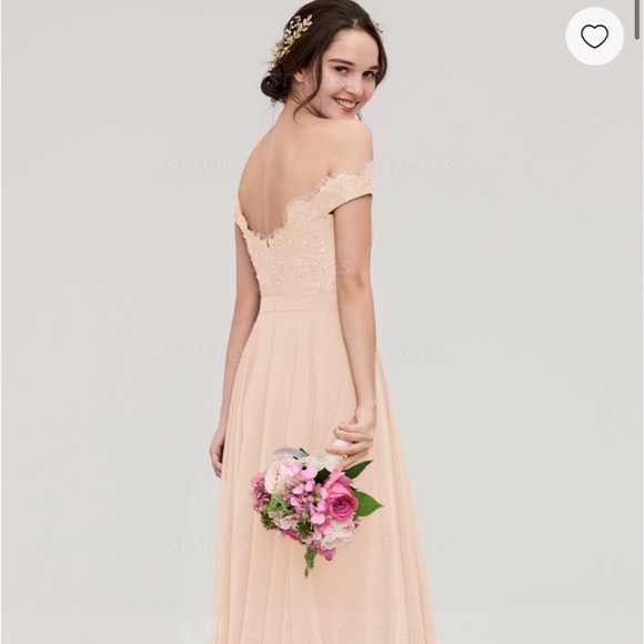 Peach Chiffon Dress A-line/Princess Off-the-Shoulder Sleeveless Tea-Length - Picture 3 of 7